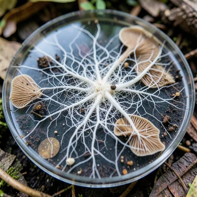 Mycelium colonizing a petri dish — dense white branching threads against a dark 