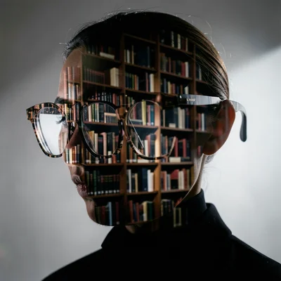 Pair of glasses silhouette filled with blurry-to-sharp library shelves, double e