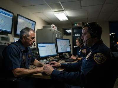 Dispatch center at night — screens showing maps, operator in headset, overhead l