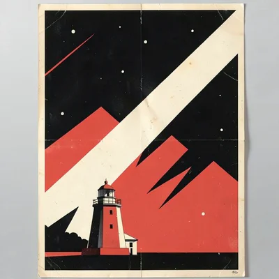 Soviet constructivist poster illustration, a lighthouse beam cutting through nig