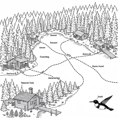 A regional cabin-rental tour map of a forested lake district with named cabins a