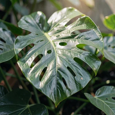 Lush botanical close-up of a fenestrated monstera adansonii leaf, soft direction