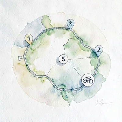 Watercolor map of a multi-stop loop with numbered pins and a tiny bike silhouett