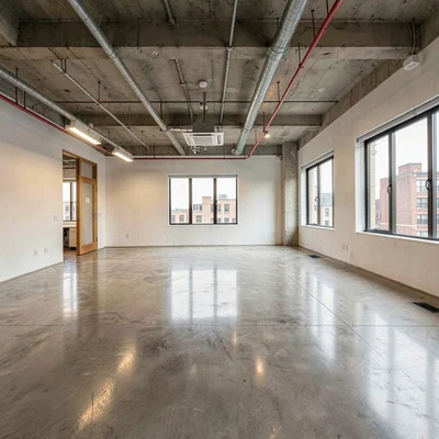 staged empty office space with polished concrete floor and exposed ceiling, list