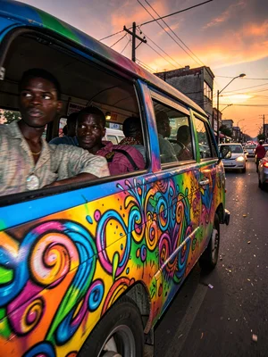 Kinetic Nairobi street energy, panned motion blur with sharp details, Matatu sid