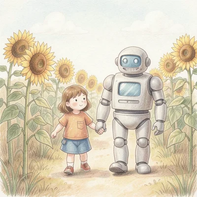 A child and a large friendly robot walking hand in hand through a field of sunfl