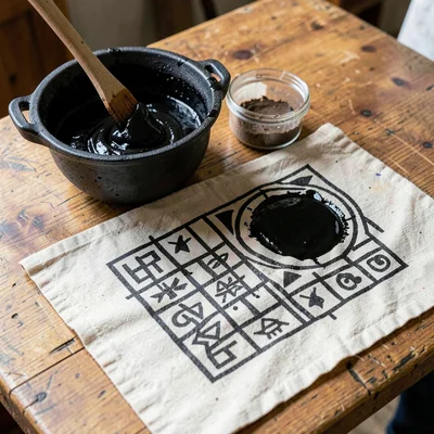 Dye preparation — pot of black Adinkra dye from iron slag and bark, stirring sti