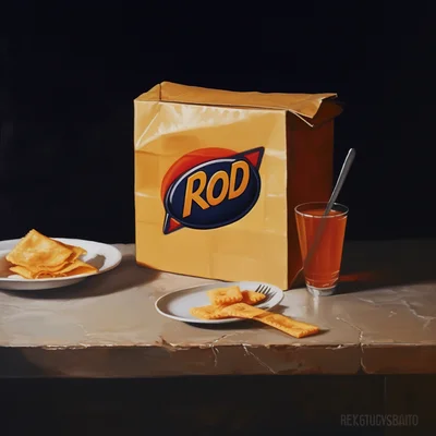 Oil painting of a kraft dinner box on a table. nature