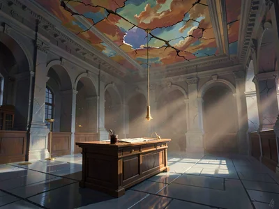 Reading rotunda with painted ceiling cracked open, single beam onto reading tabl