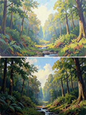 Forest landscape transitioning from sharp photo at bottom to impressionist paint