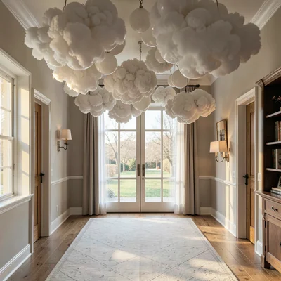 Atmospheric of a daylight-flooded foyer with balloon clouds suspended from the c