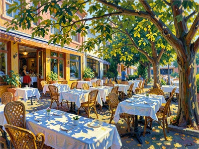 Café terrace under plane trees at noon, dappled shadow moving across white table