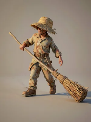 Mid-step a wanderer drags a long pole-tied bundle behind, woven straw cap shadin