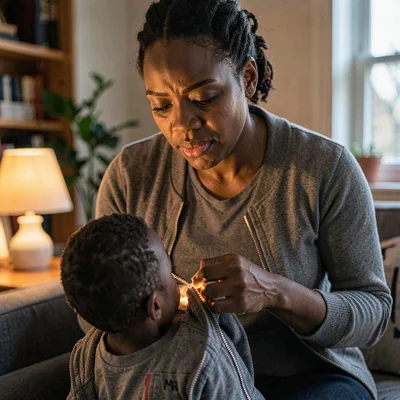 A determined Black mother in her thirties zipping up a small child's jacket, lam