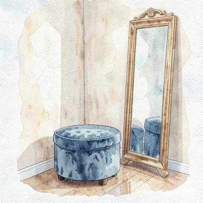Watercolor of a corner of the boutique with a velvet ottoman and tall mirror