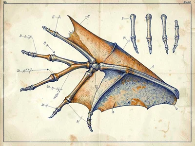 Skeletal structure of a single bat wing laid flat with each finger labeled by ti