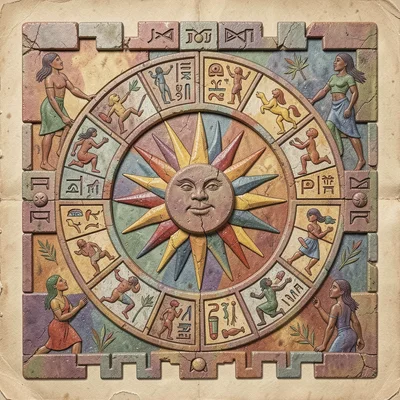 Stone calendar wheel carving, close-up of central sun glyph