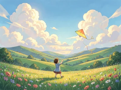 Child flying a kite on rolling hills, vast sky with towering cumulus, wildflower