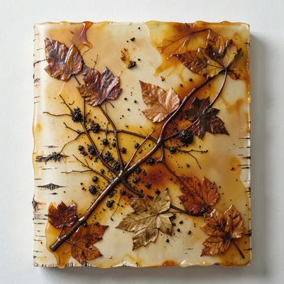 Beeswax with embedded dried leaves and dark pigment, textural autumn art