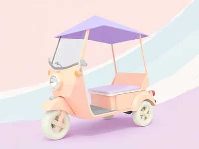 Three-wheeled peach lowpoly tuk-tuk with a triangulated lavender canopy and crea