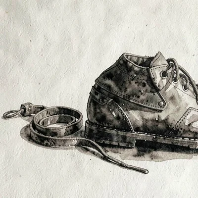 Editorial pen-and-ink composition of a leash lying coiled beside a worn boot, de