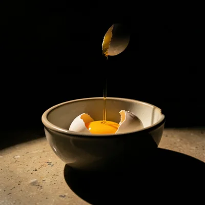 A bowl of eggs on a kitchen counter, one egg cracked and pouring, the yolk catch