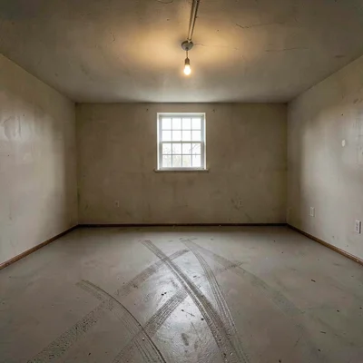Wide quiet photo of a now-empty basement with a single dim bulb hanging, fresh s
