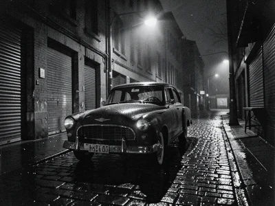 Vintage car parked under a flickering streetlight, wet cobblestones, industrial 