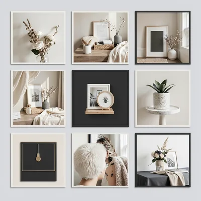 Layout grid of six thumbnail blocks varying in aspect, cream and charcoal palett