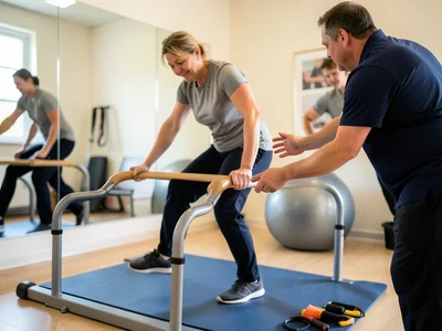 A physical therapist guiding a patient through a rehabilitation exercise, the pa