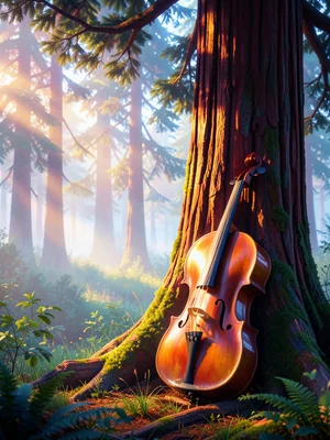 Cello leaning against ancient redwood tree, forest clearing, morning mist