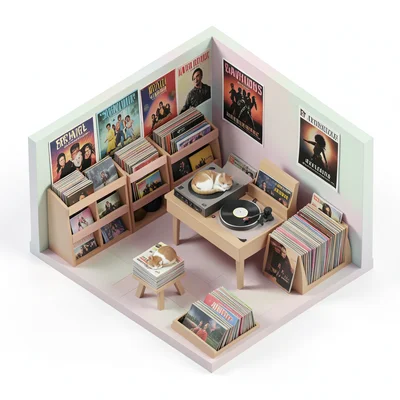 A vinyl record store: browser bins, a turntable listening station, concert poste
