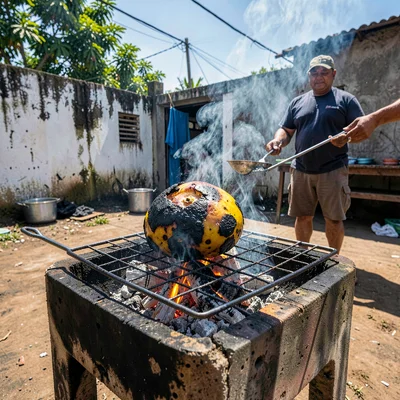 Documentary photograph with Jamaican yard aesthetic, Breadfruit roasting over op