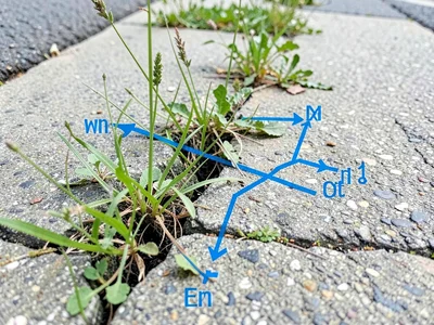 Weeds growing through sidewalk cracks, pulled and printed together so city and n