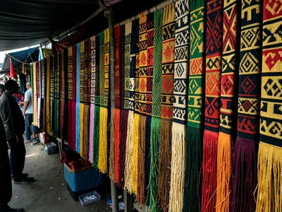 Market stall with hanging kente bolts — rows of color receding into shade