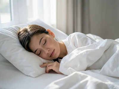 Person sleeping peacefully in clean white bedding, morning light just starting t