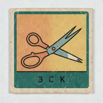 Czech matchbox label illustration, a scissors cutting in mid-action , vintage Ea