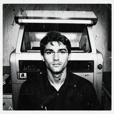 A self-portrait of the copier itself — glass, lid, light bar — copied into abstr