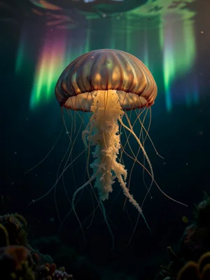 Jellyfish with tentacles that become aurora borealis light, deep dark ocean
