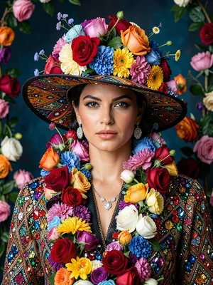 A wide-brimmed hat piled with flowers — garland overflowing to the model's shoul