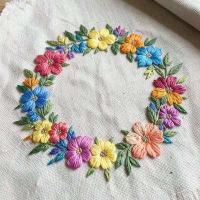 Embroidered flowers in rainbow gradient on linen, celebration wreath