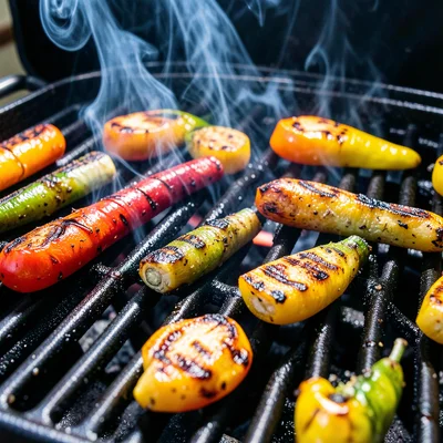 Close-up of grill grates with sear marks on vegetables, smoke wisps