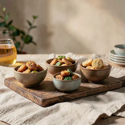 Brand-story wide of a tasting board with five small bowls of snacks on warm line
