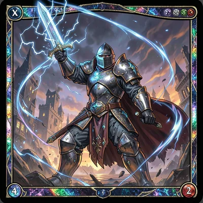 Trading card game illustration, a battle-hardened knight in enchanted armor, swo