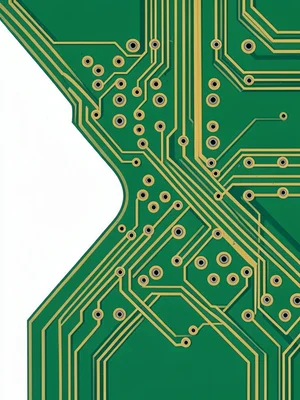 A corner of a PCB where many trace runs converge at a large component footprint 