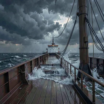 Painterly stage composition of a freighter deck under storm clouds, waves crashi