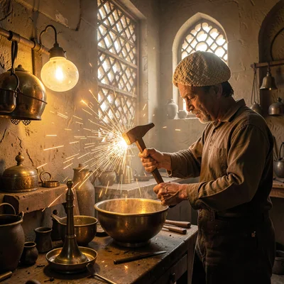 Islamic Cairo geometry, medieval city light, brass lamp maker hammering bowl sha