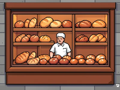 A pixel art bakery window: rows of bread and pastries, a baker in white visible 