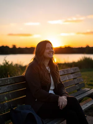 Contentment — person on bench with personal sunset, warm golden light only on th