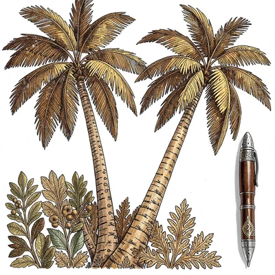 Kalamkari pen illustration, coconut palms with detailed frond patterns , hand-dr